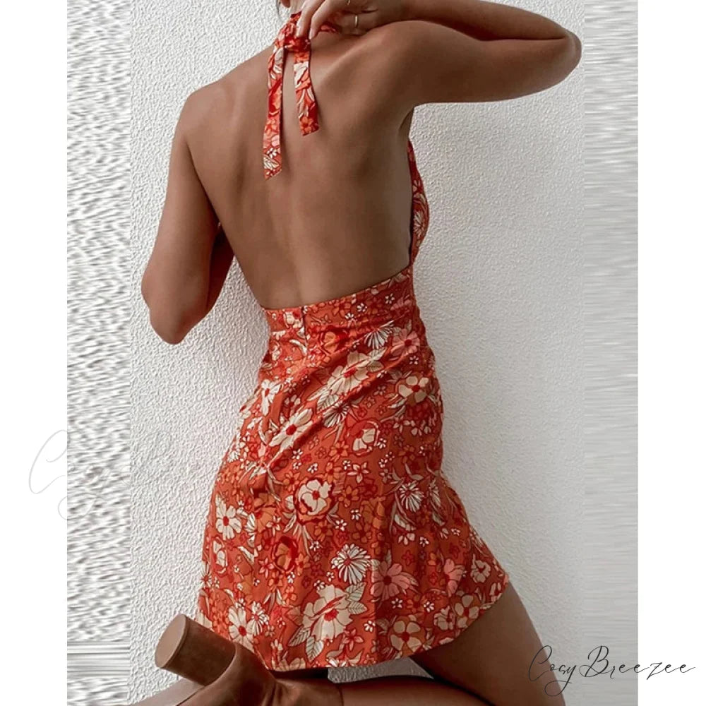 Y2K Floral Sleeveless Halter Neck Backless Dress floraldress-250126