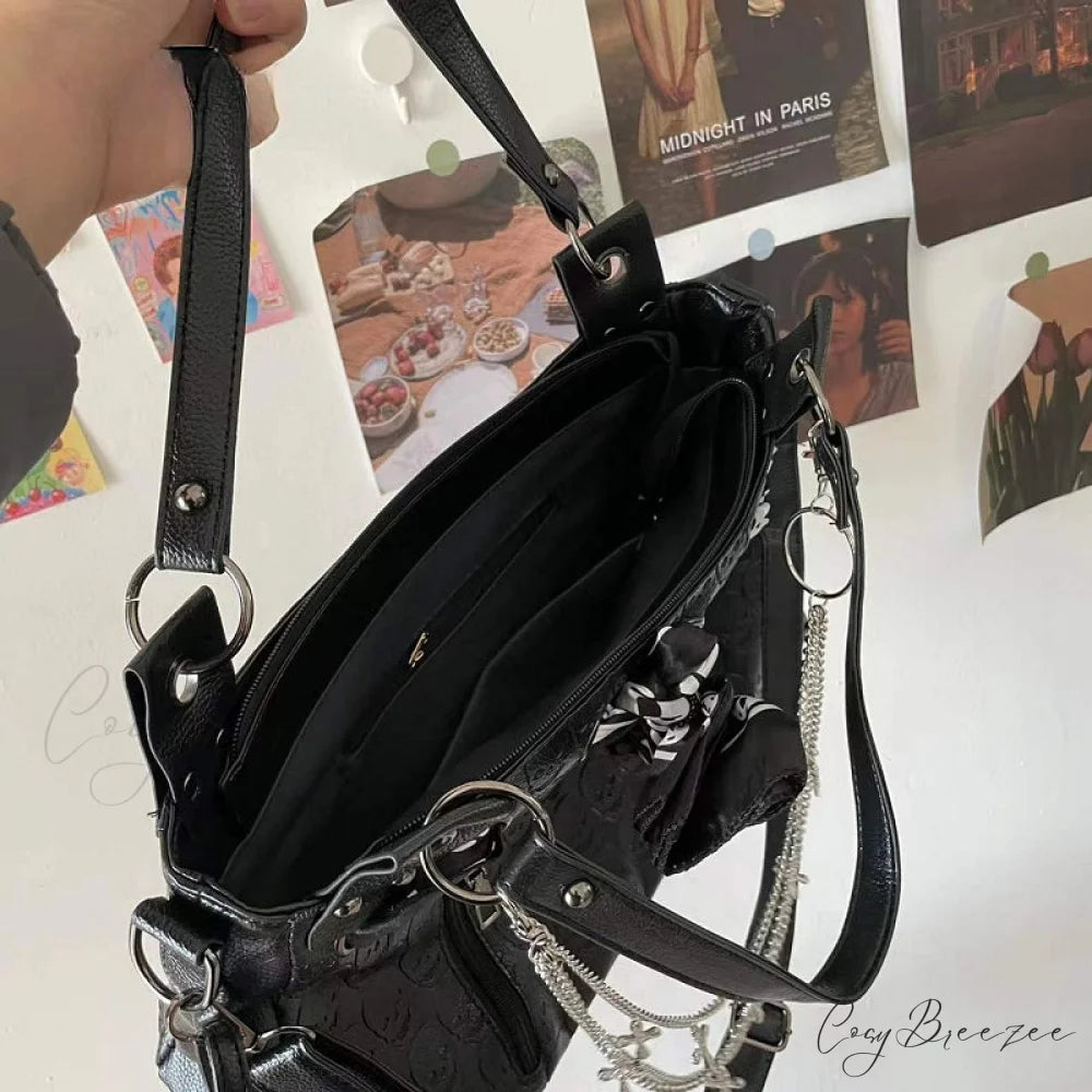 Y2K Gothic Skulls Printing Leather Large Capacity Punk Cross Chain Bag Black