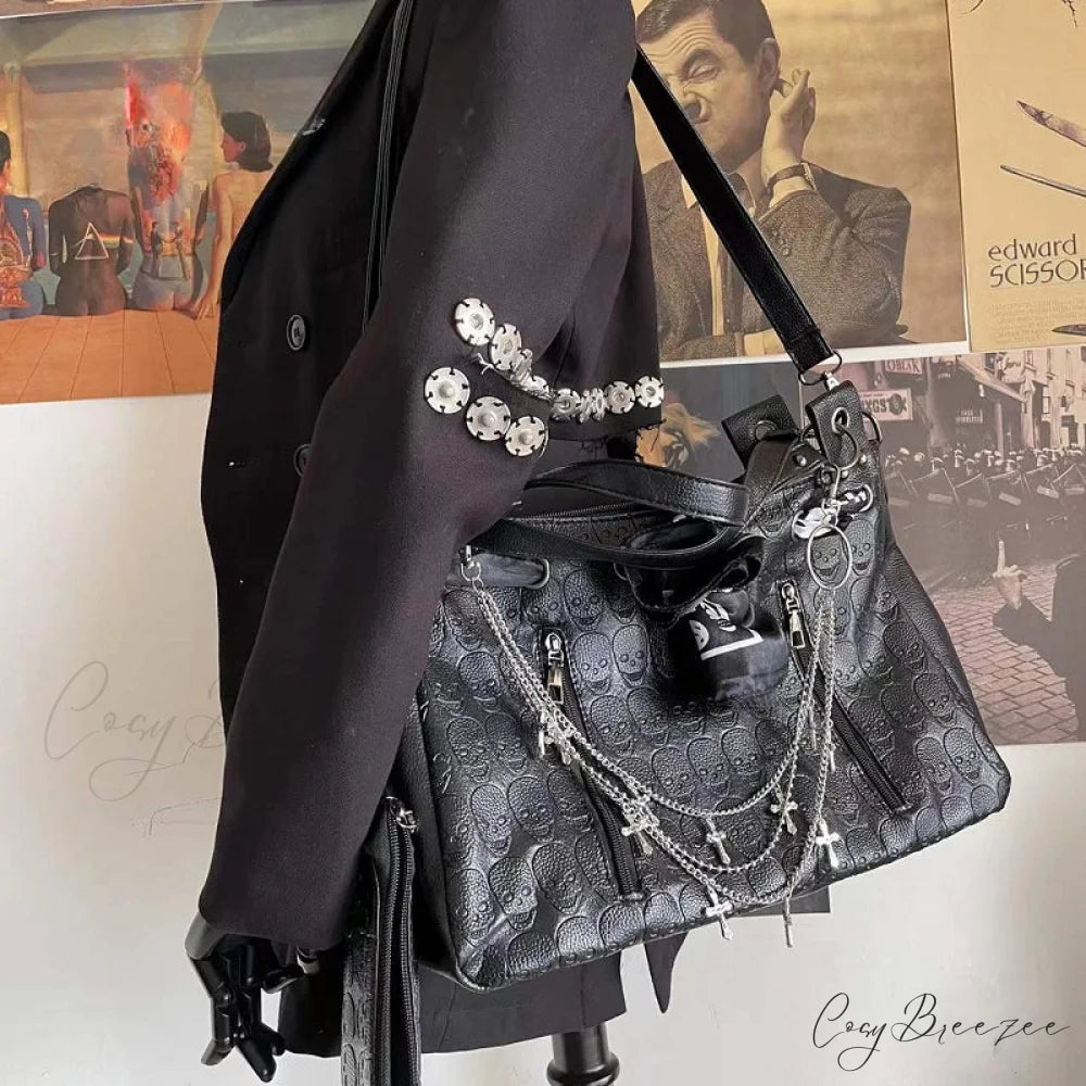 Y2K Gothic Skulls Printing Leather Large Capacity Punk Cross Chain Bag Black