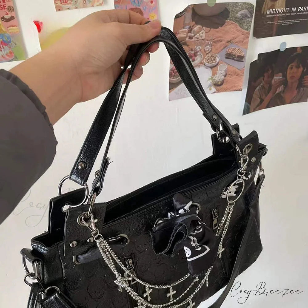 Y2K Gothic Skulls Printing Leather Large Capacity Punk Cross Chain Bag Black