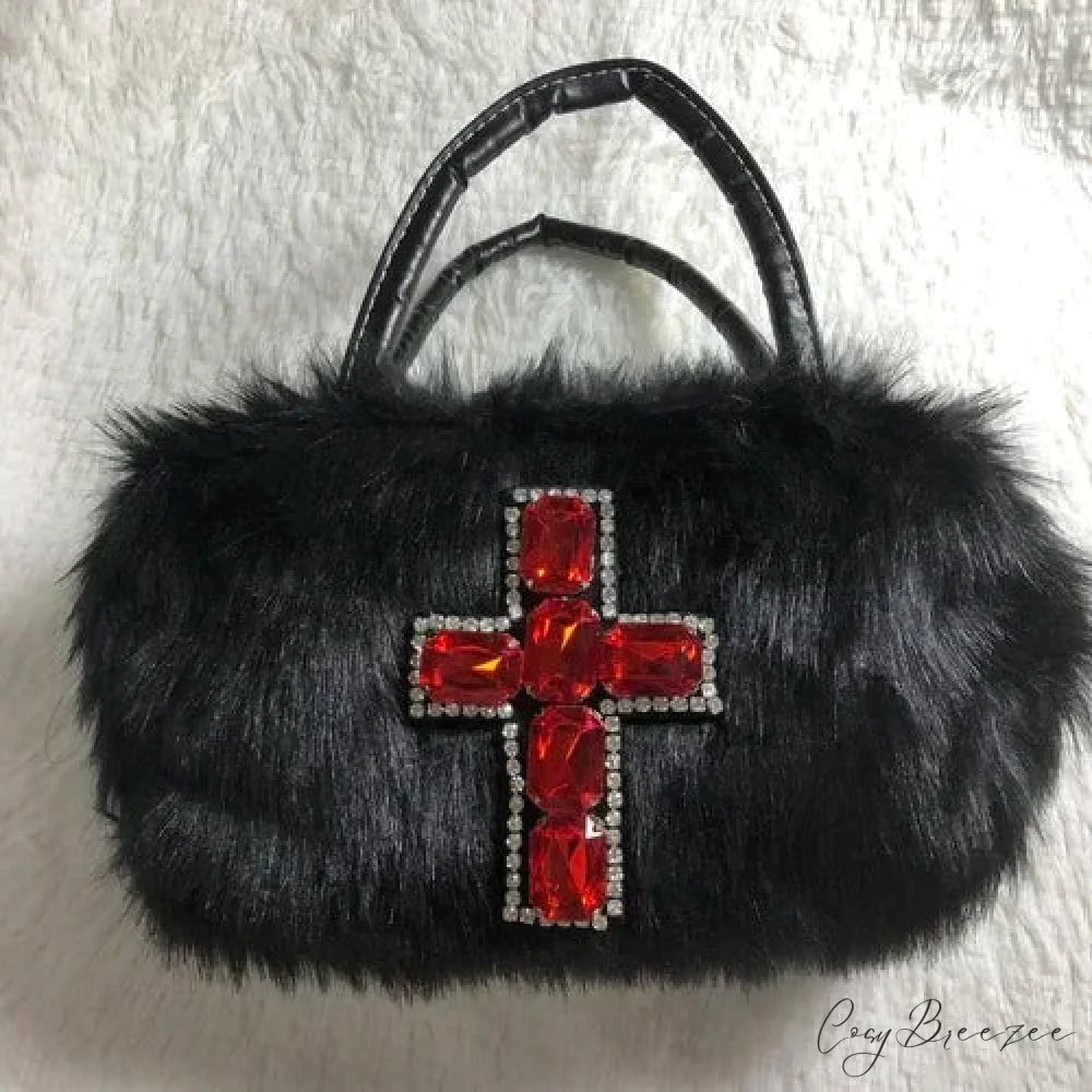 Y2K Gothic Soft Plush Black Cross Applique Harajuku Punk Hip Hop Shoulder Bag Black / 25X10X12cm