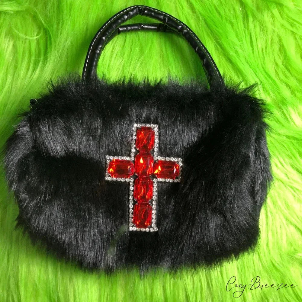 Y2K Gothic Soft Plush Black Cross Applique Harajuku Punk Hip Hop Shoulder Bag Black / 25X10X12cm