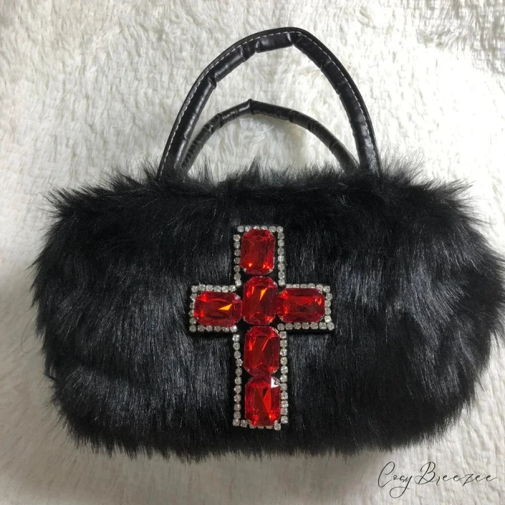 Y2K Gothic Soft Plush Black Cross Applique Harajuku Punk Hip Hop Shoulder Bag Black / 25X10X12cm