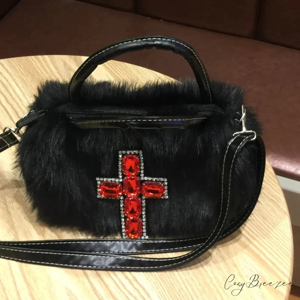 Y2K Gothic Soft Plush Black Cross Applique Harajuku Punk Hip Hop Shoulder Bag Black / 25X10X12cm