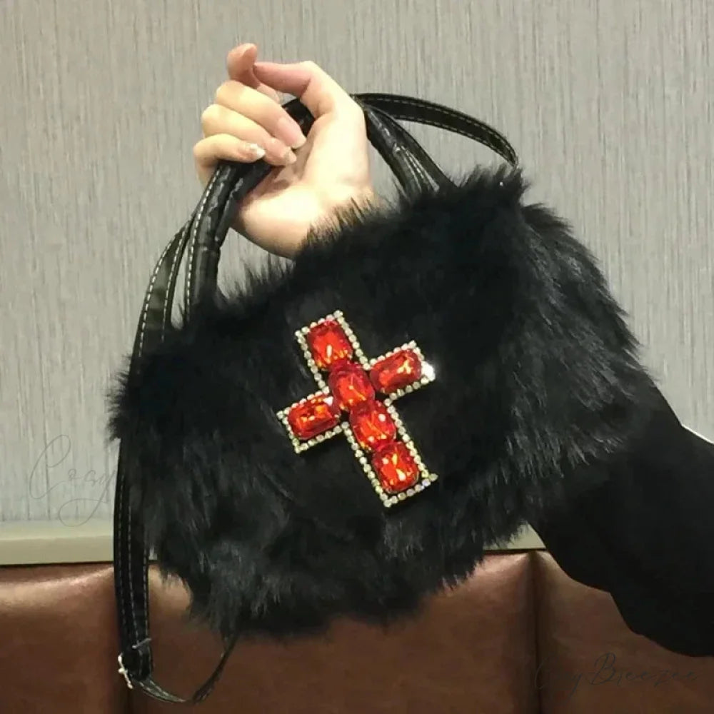 Y2K Gothic Soft Plush Black Cross Applique Harajuku Punk Hip Hop Shoulder Bag Black / 25X10X12cm