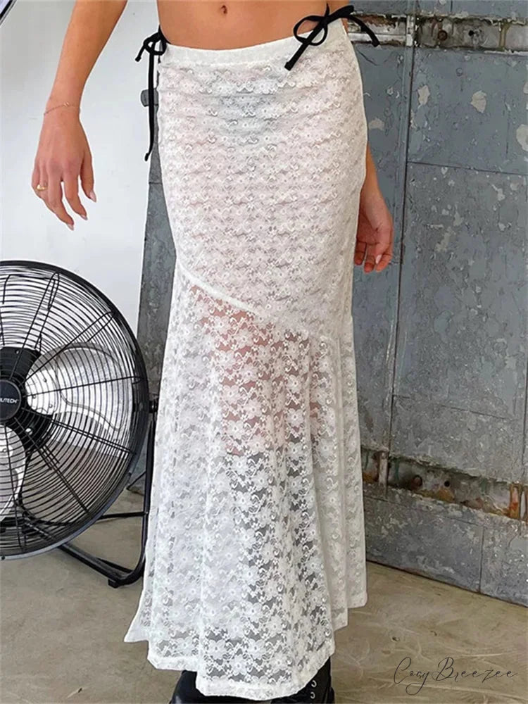 Y2K Grunge Lace Mesh Sheer Bow Tie Long Skirt skirt-250126