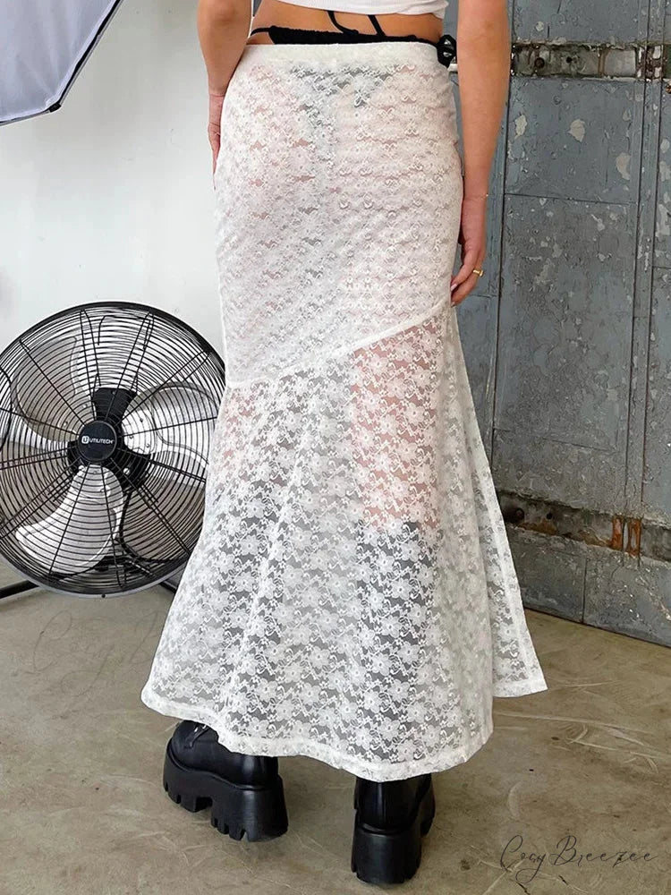Y2K Grunge Lace Mesh Sheer Bow Tie Long Skirt skirt-250126