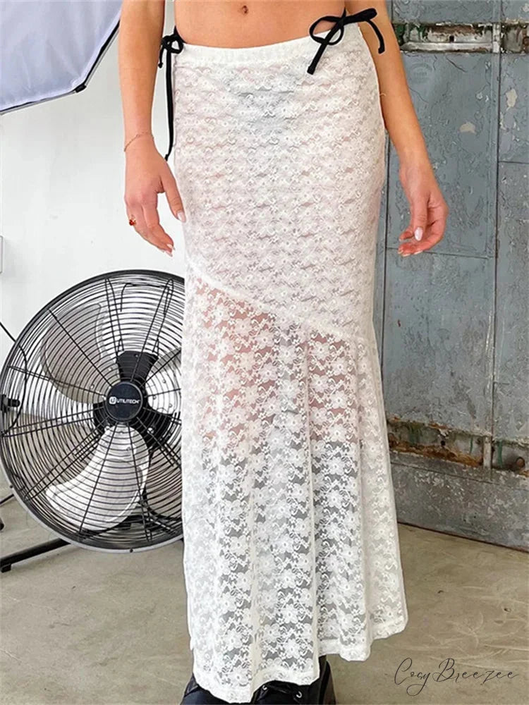 Y2K Grunge Lace Mesh Sheer Bow Tie Long Skirt skirt-250126