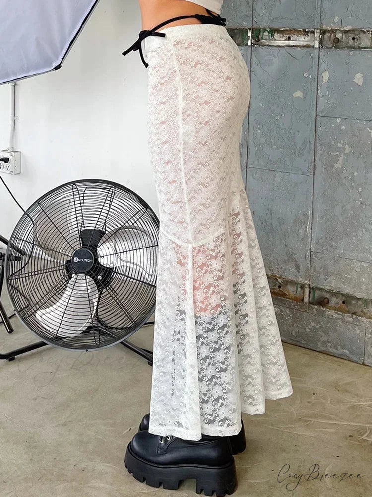 Y2K Grunge Lace Mesh Sheer Bow Tie Long Skirt skirt-250126