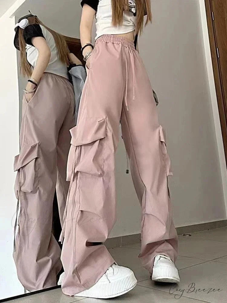Y2K High Waist Cargo Baggy Pants Pink / S pants-241228