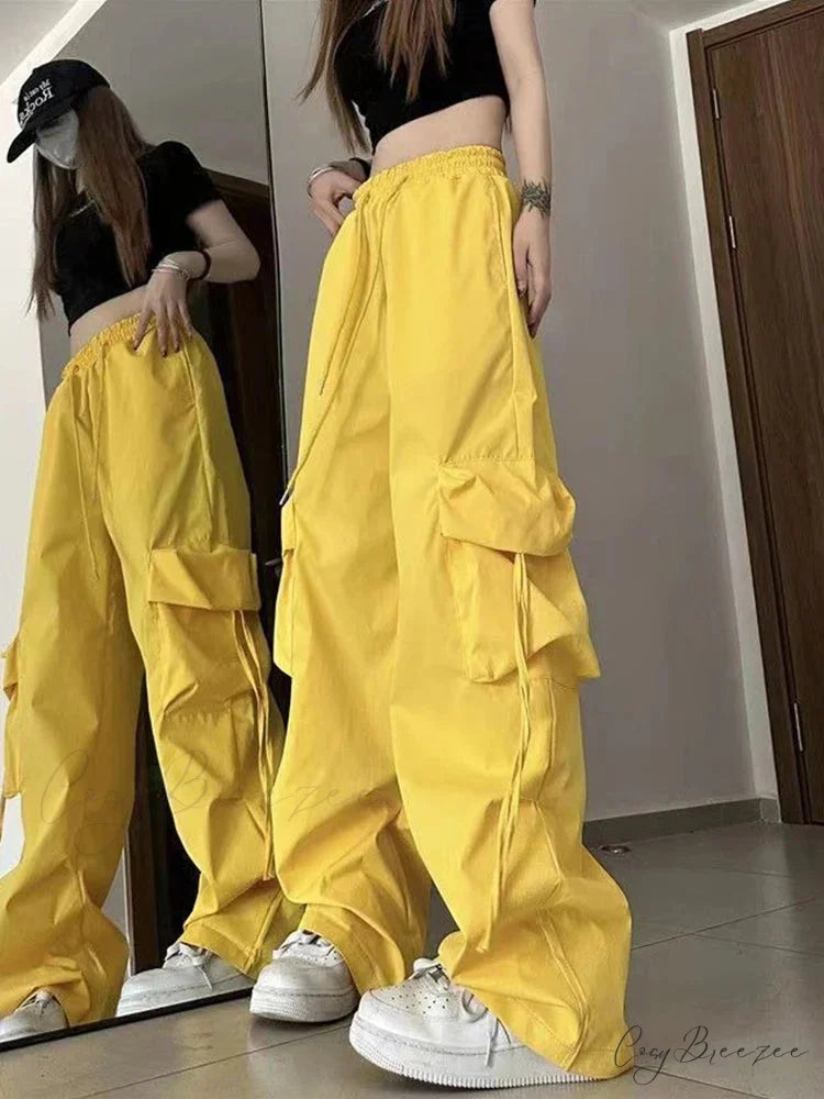 Y2K High Waist Cargo Baggy Pants Yellow / S pants-241228