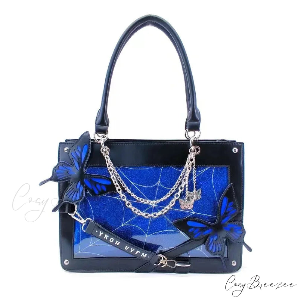 Y2K Labyrinth Butterfly Spider Web Letter Chain Transparent Gothic Bag Black Blue / 35x25x10.5cm