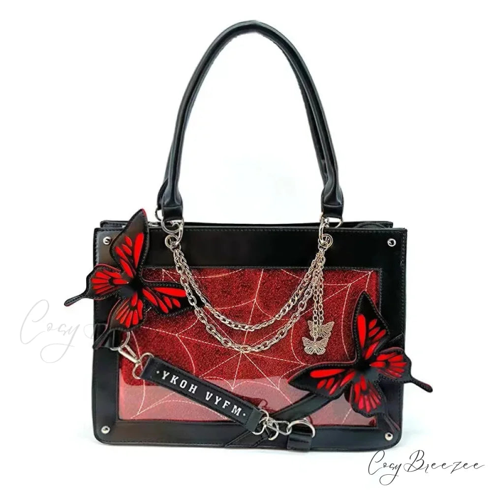 Y2K Labyrinth Butterfly Spider Web Letter Chain Transparent Gothic Bag Black Red / 35x25x10.5cm