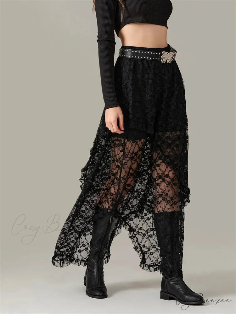 Y2K Lace Mesh Sheer High Waist Asymmetrical Skirt skirt-250126