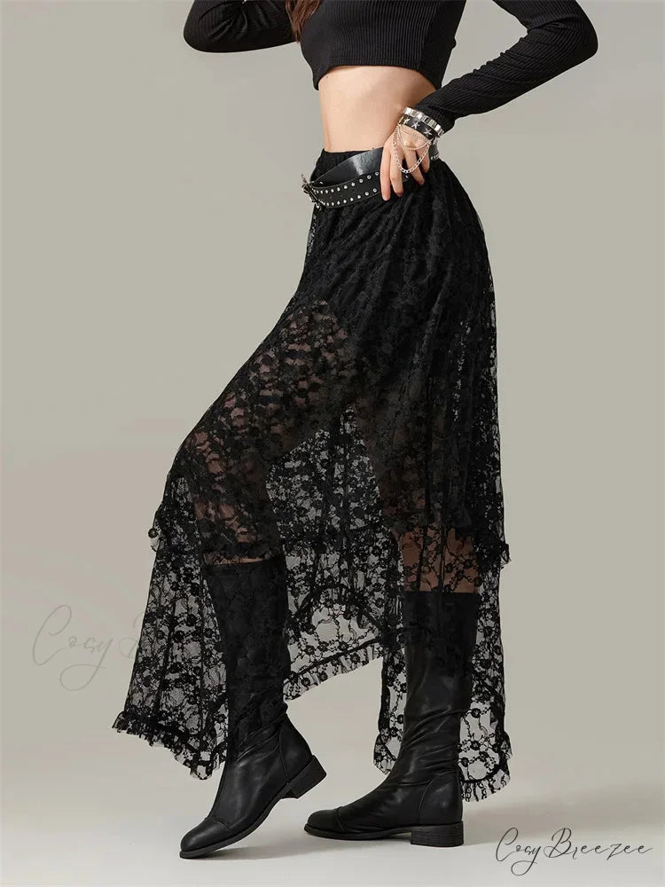 Y2K Lace Mesh Sheer High Waist Asymmetrical Skirt skirt-250126