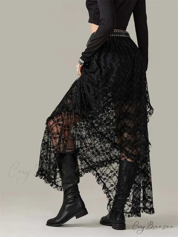 Y2K Lace Mesh Sheer High Waist Asymmetrical Skirt skirt-250126