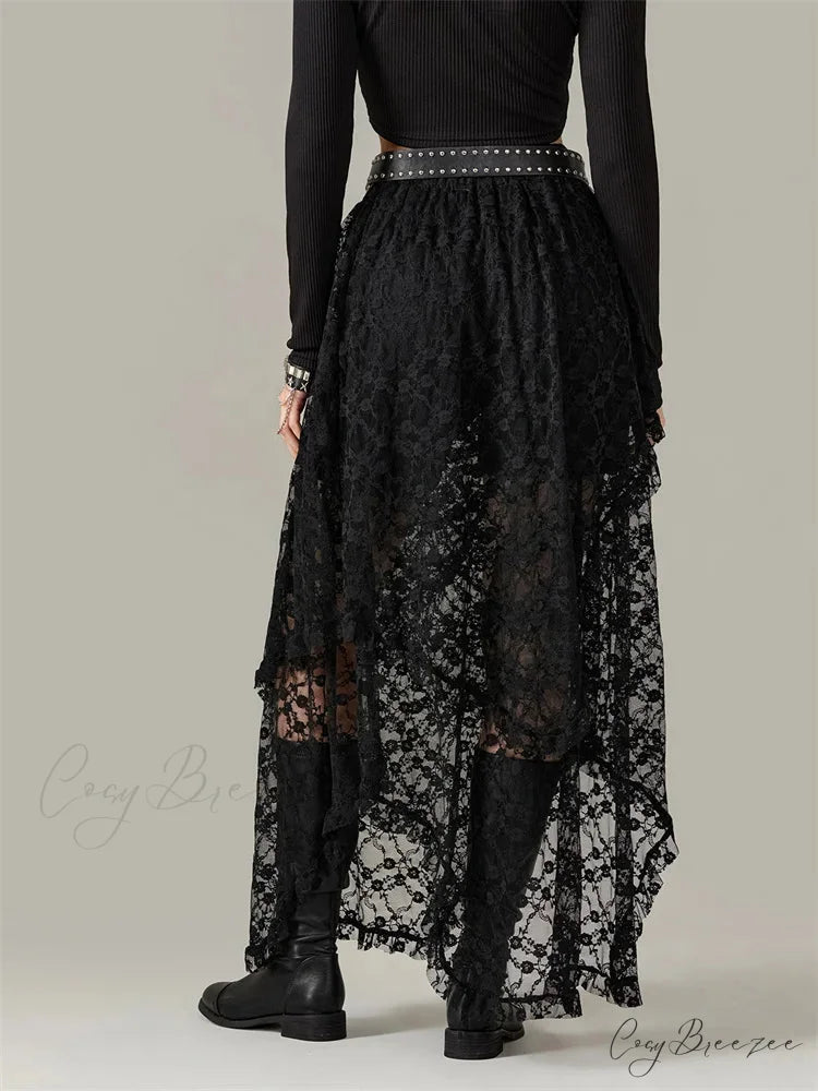 Y2K Lace Mesh Sheer High Waist Asymmetrical Skirt skirt-250126