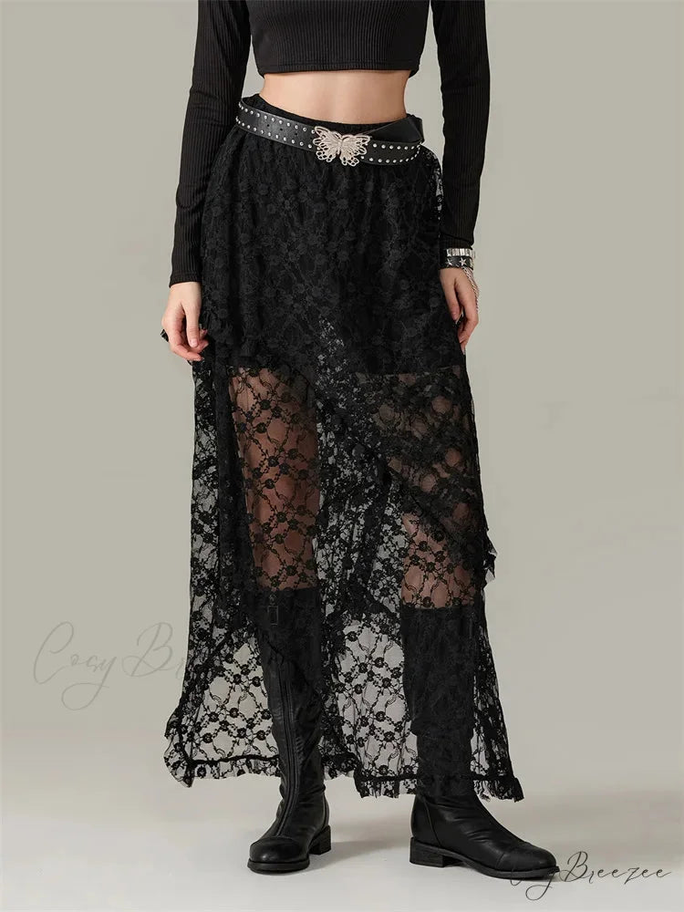 Y2K Lace Mesh Sheer High Waist Asymmetrical Skirt BLACK / S skirt-250126
