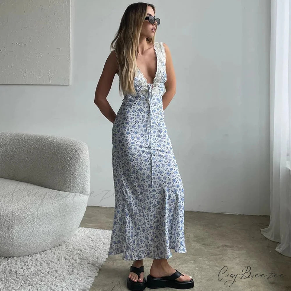 Y2K Lace Trim Long Holiday Dress vacationdress-250223