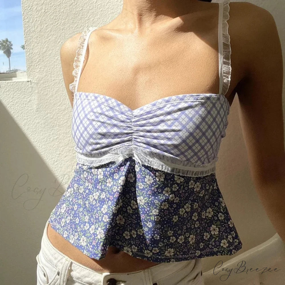 Y2K Lace Trim Plaid Floral Sleeveless Crop Top Blue1 / S croptop-250126