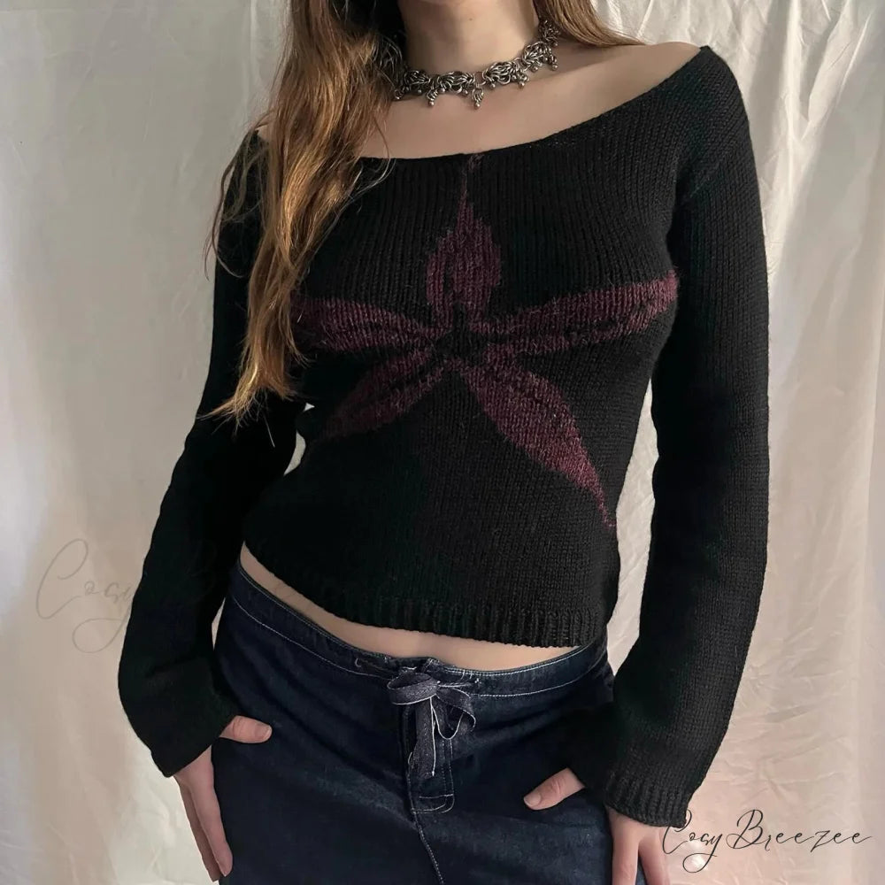Y2K Retro Off Shoulder Slim Fit Aesthetic Knit Top Black / S knittop-250126