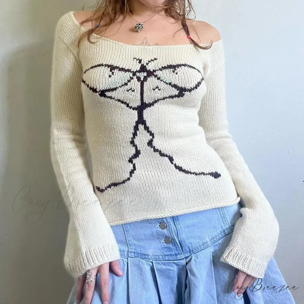 Y2K Retro Off Shoulder Slim Fit Aesthetic Knit Top WHITE / S knittop-250126