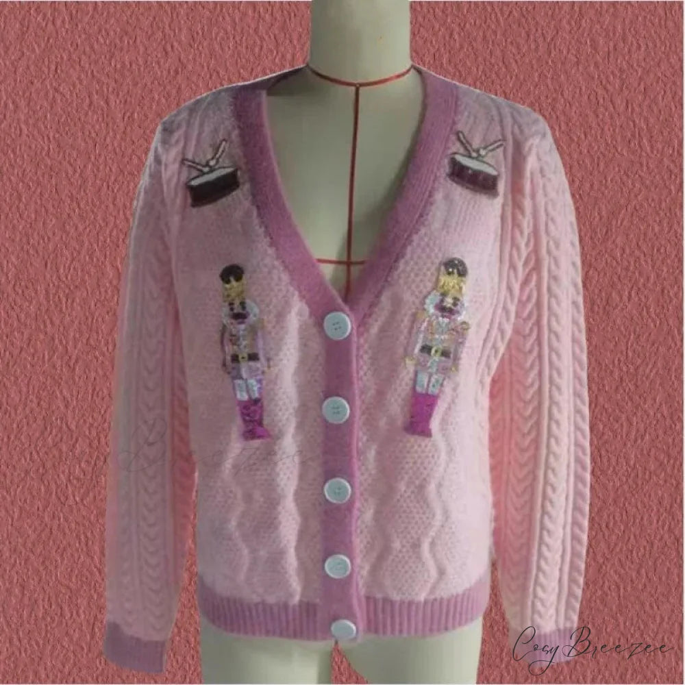 Y2K Sequins V-neck Single Breasted Cardigan PINK / S