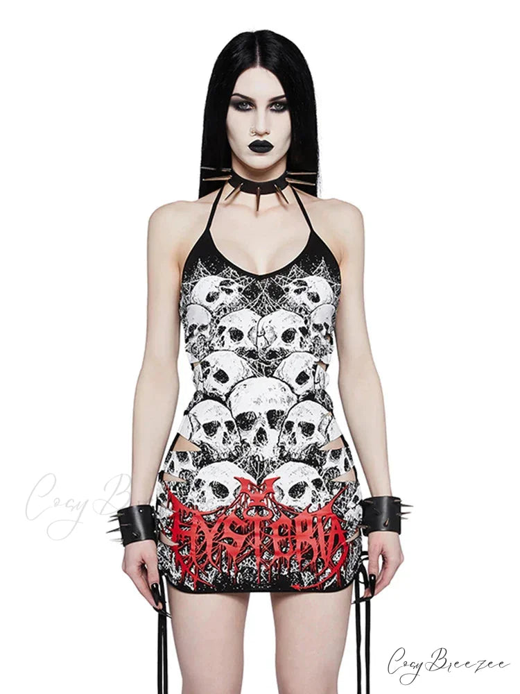 Y2K Skull Print Plus Size Punk Hollow Out Sleeveless Strap Drawstring Sling Party Cami Dress Black / XS