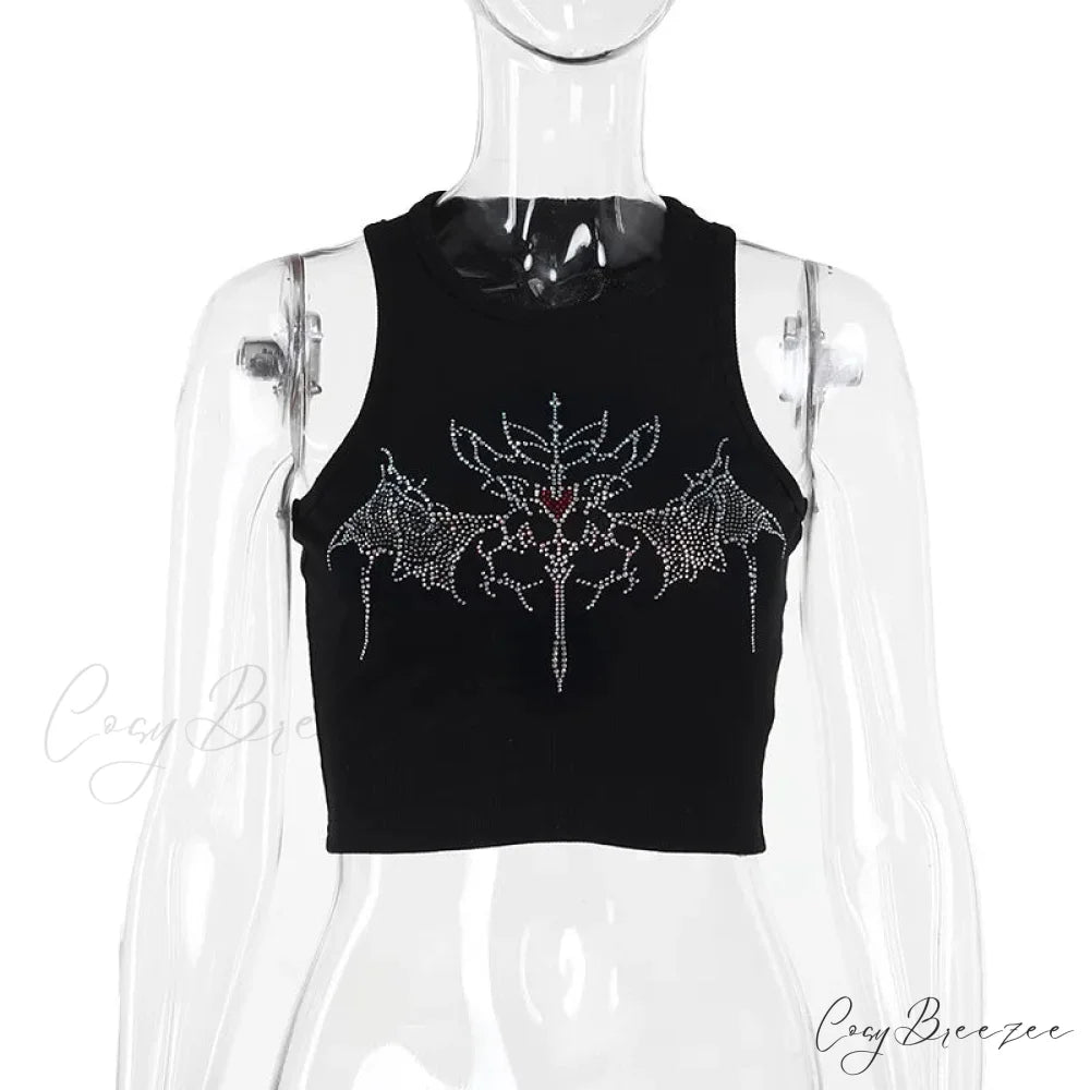 Y2K Vintage Fairy Grunge Rhinestone Graphic Crop Top Black / S