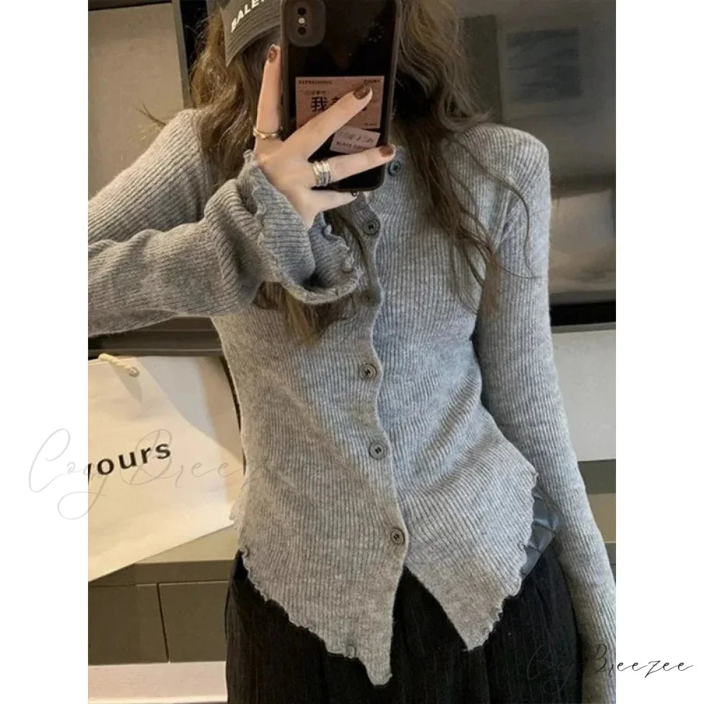 Y2k Vintage Grey Harajuku Long Sleeve Slim Casual Cardigan