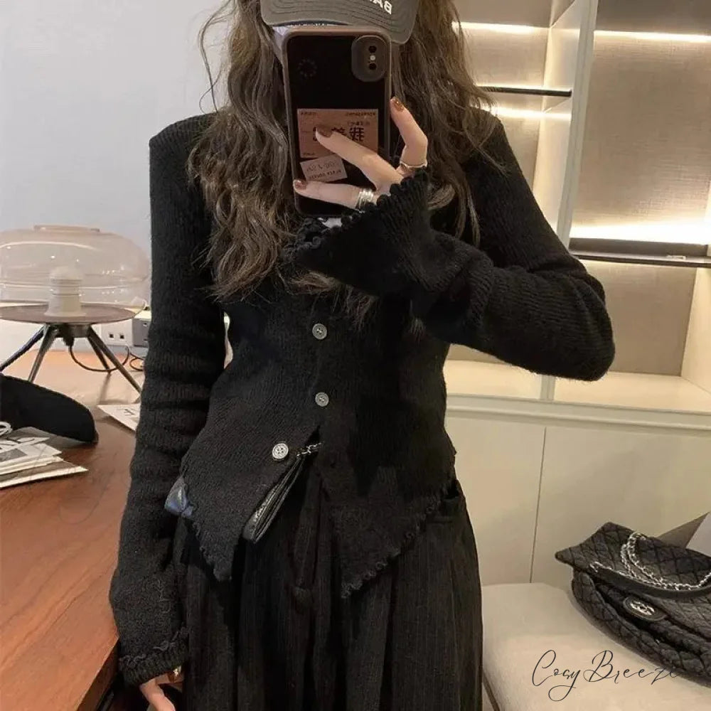 Y2k Vintage Grey Harajuku Long Sleeve Slim Casual Cardigan Black / S