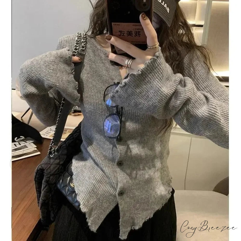 Y2k Vintage Grey Harajuku Long Sleeve Slim Casual Cardigan Grey / S