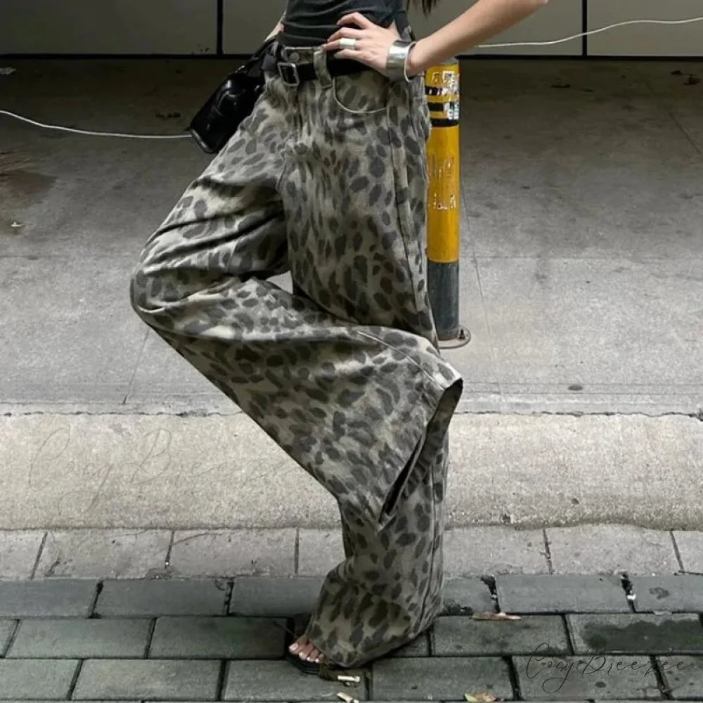 Y2K Washed Leopard Print Wide Leg Jeans Pants pants-241228