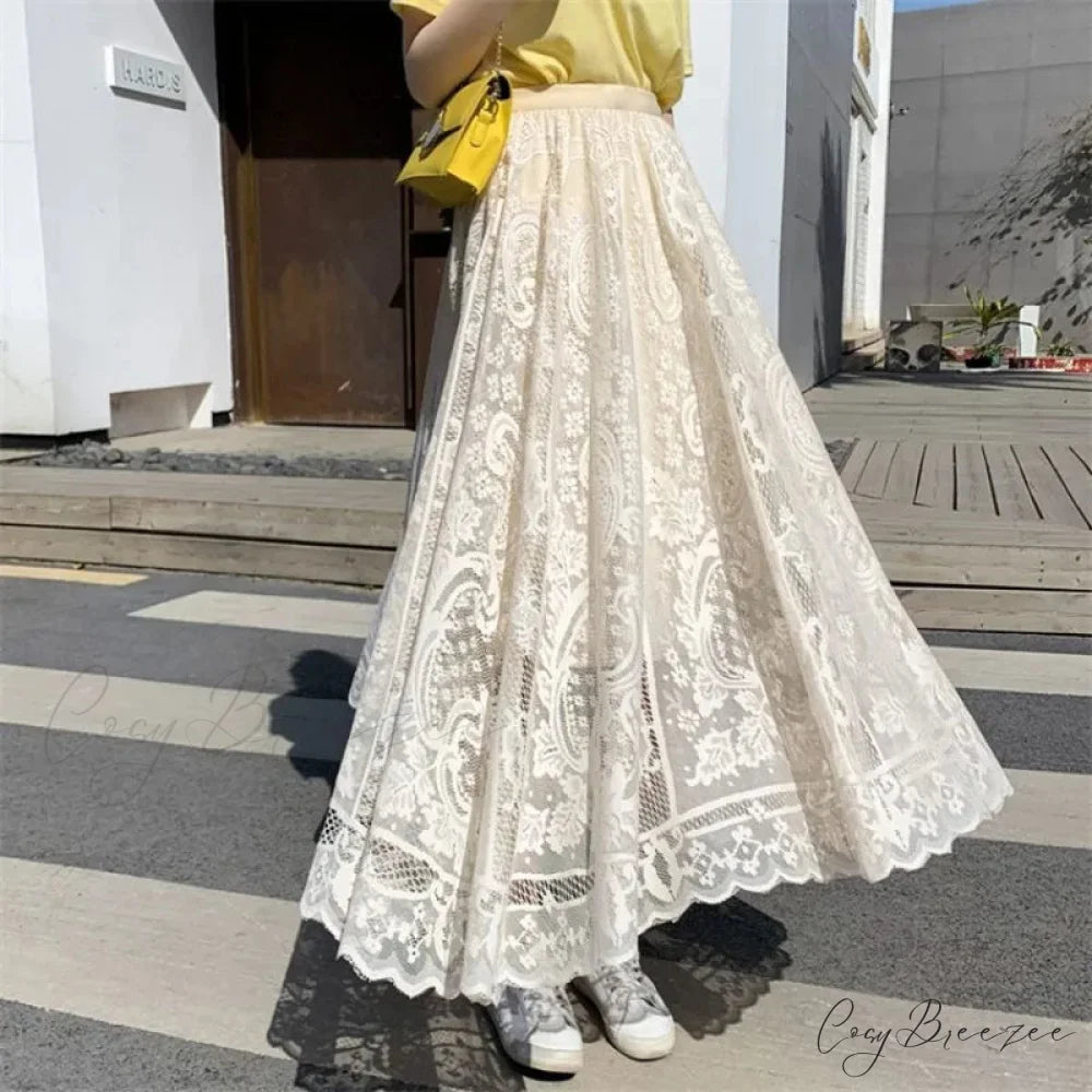 Y2K Women’s Lace Crochet Umbrella Long Skirt Bohemian High Waist APRICOT / One Size skirt-250126