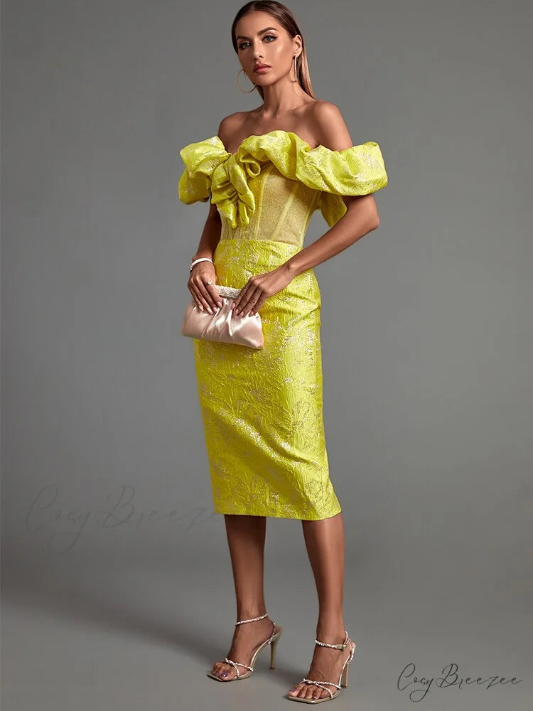 Yellow Bodycon Dress Elegant Sexy Ruffle Club Dress