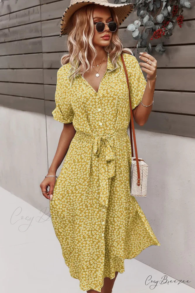 Yellow Maxi Dress with Short Sleeves and Belt S / Black