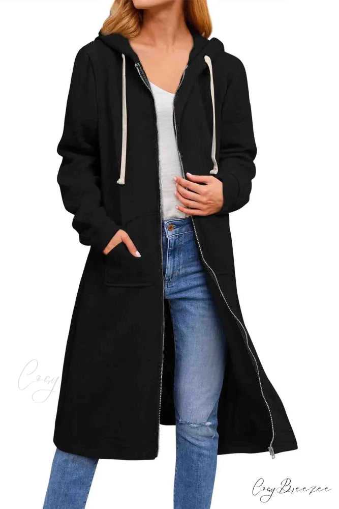 Zip Up Hooded Long Drawstring Cardigan Black / S