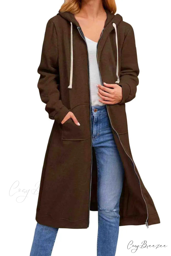 Zip Up Hooded Long Drawstring Cardigan Coffee Brown / S