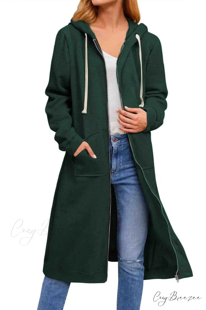Zip Up Hooded Long Drawstring Cardigan Green / S