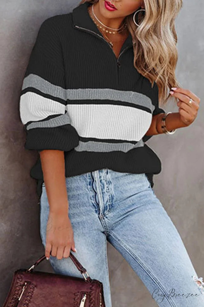 Zip-up Sweater with Lapel Black / S