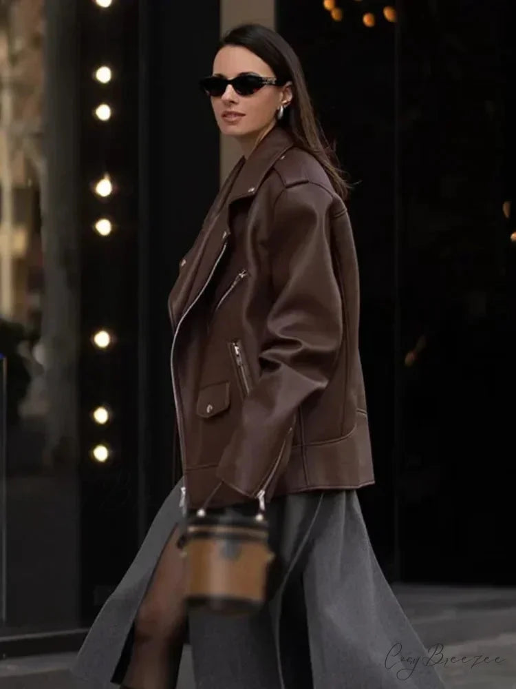 Zipper Lapel Leather Coat coats-241228