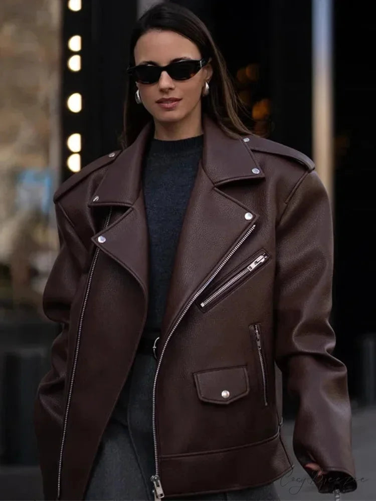 Zipper Lapel Leather Coat coats-241228