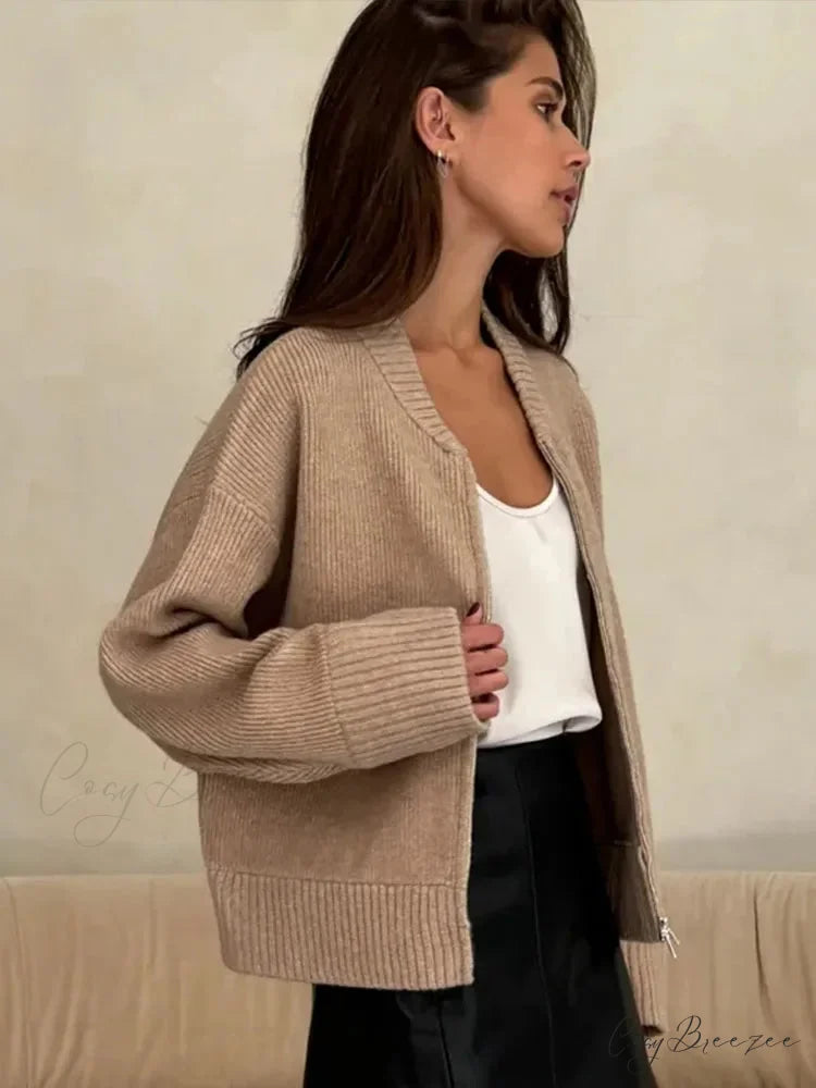 Zipper Round Neck Loose Fashion Cardigan cardigans-241228