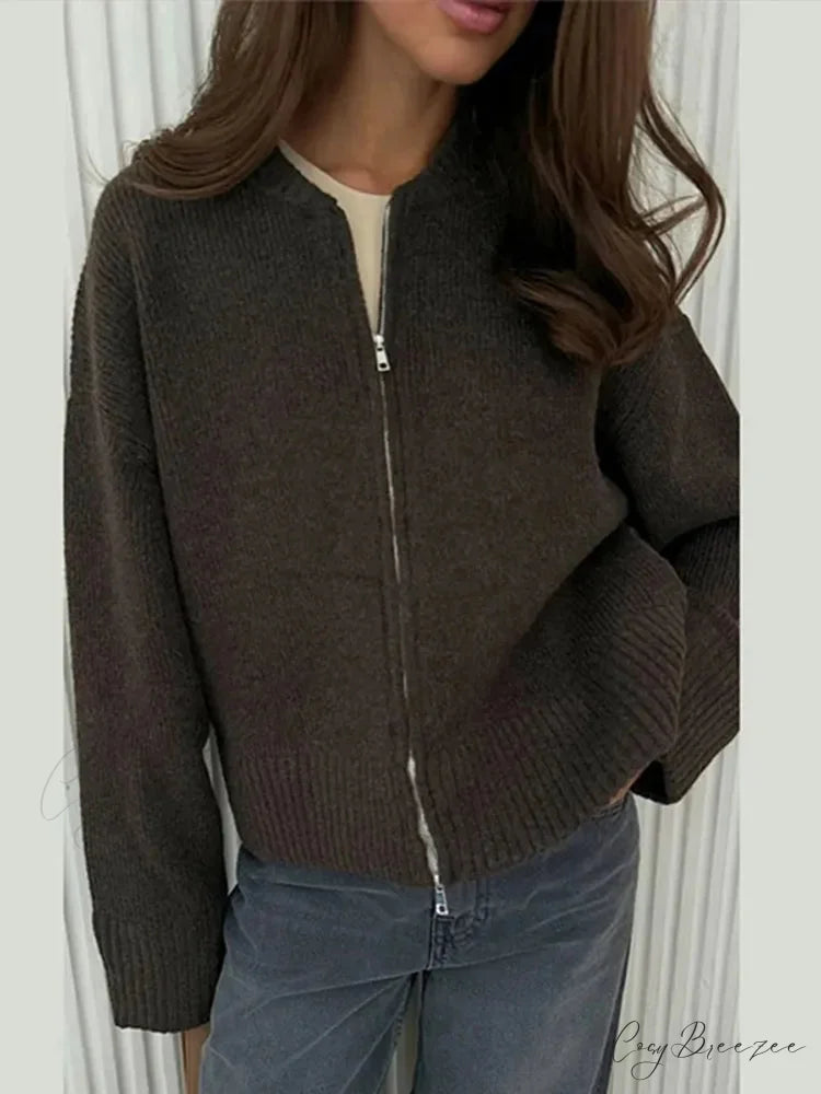 Zipper Round Neck Loose Fashion Cardigan Grey / S cardigans-241228