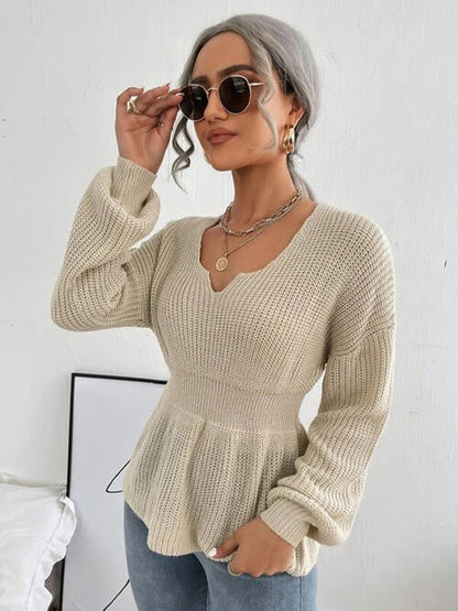 Shoulder Arm Knit Notched Dropped Top with Long Detail