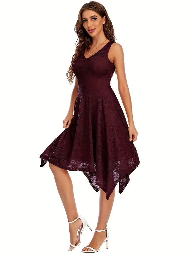 V Neck Lace Dress with Asymmetrical Hem