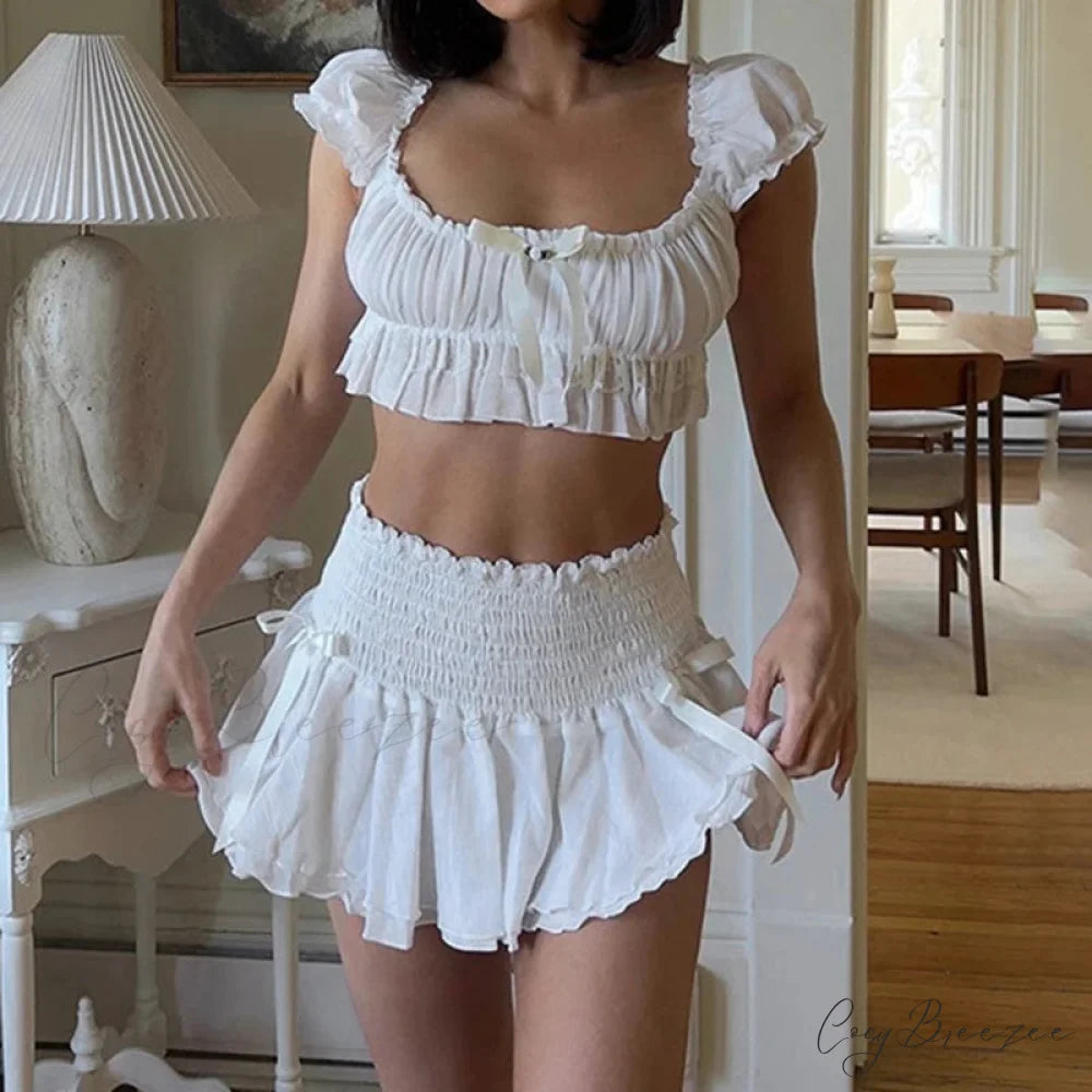 00s Kawaii Bow Trim Off Shoulder Crop + Ruffled Mini Skirt twopiecesset-250126