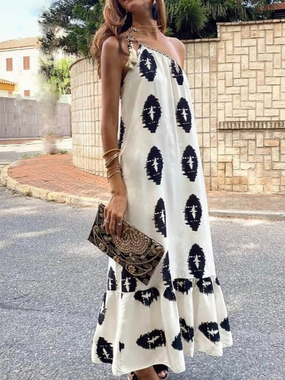 Sunshine Ethnic Print One Graceful Shoulder Loose Maxi Dress