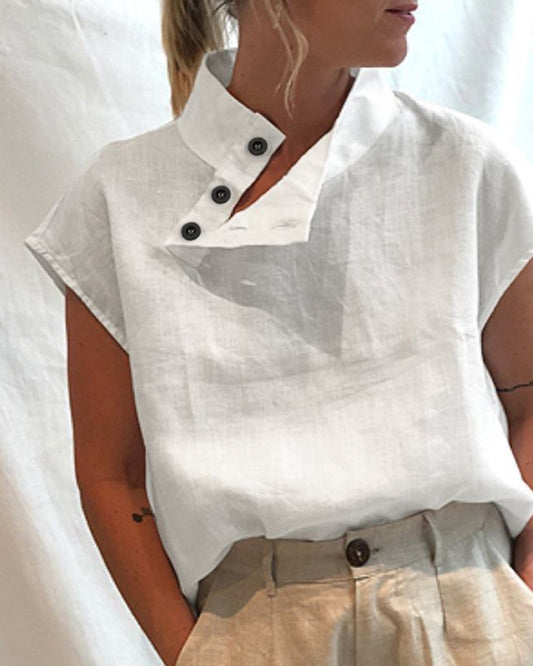 and Cotton Neckline Button Linen Stand Top