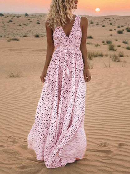 Bohemian V-Neck Sleeveless Charming Polka-Dot Maxi Skirt